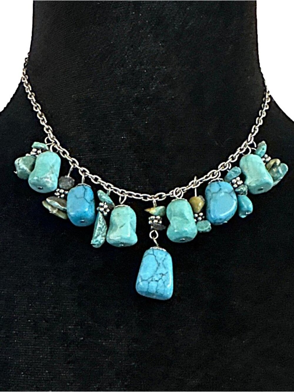 Chunky Howlite Nugget Statement Necklace Silver Tone Chain Blue Fringe 16 Inch